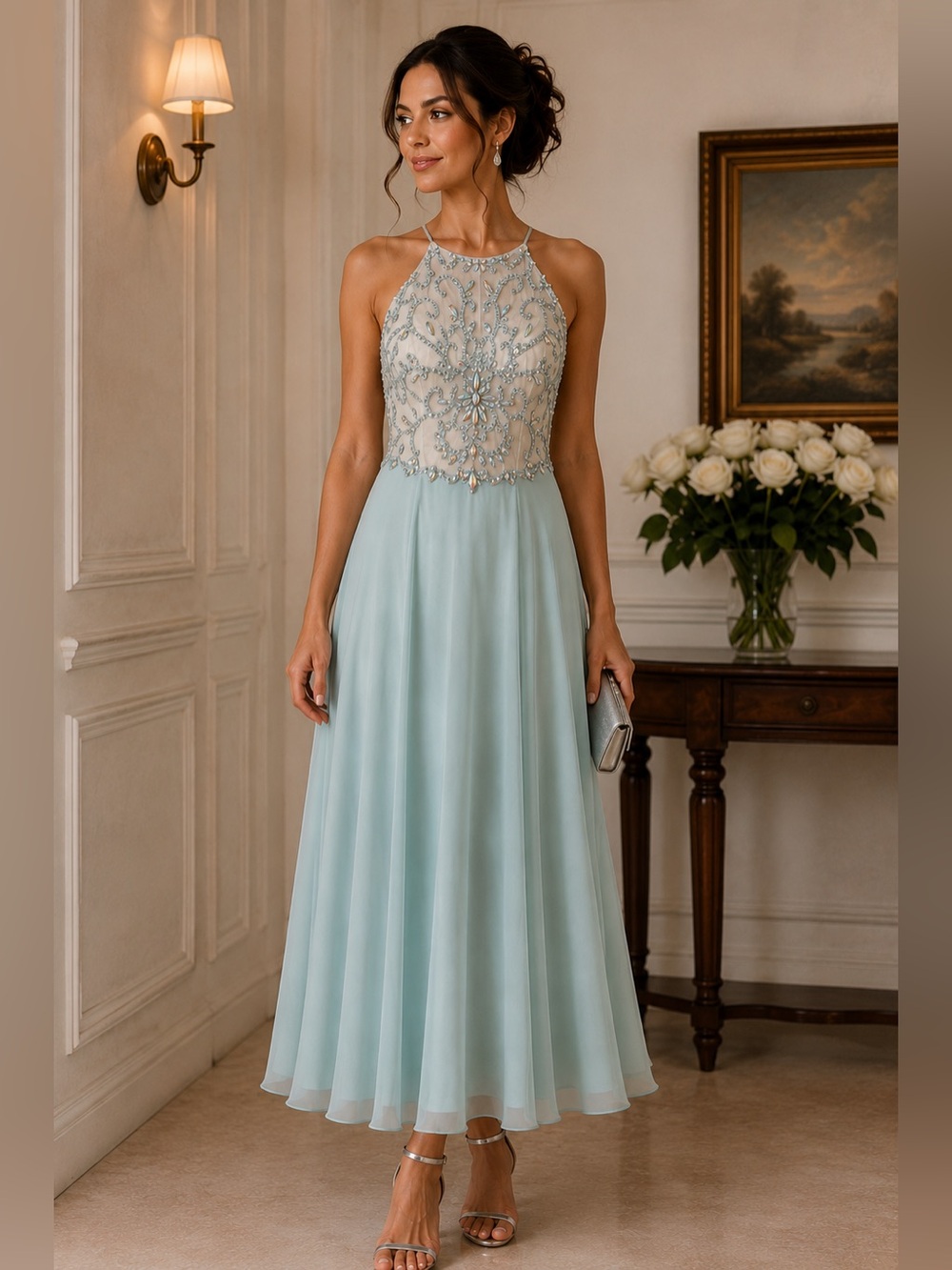 Xscape Light Blue Beaded Halter Midi Dress